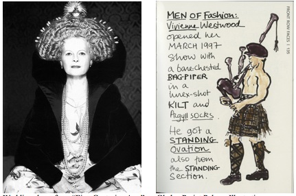 bagpiper Westwood dons a wedding dress from the "Five Centuries Ago" collection (left) and Gladys Perint Palmer's bagpiper illustration