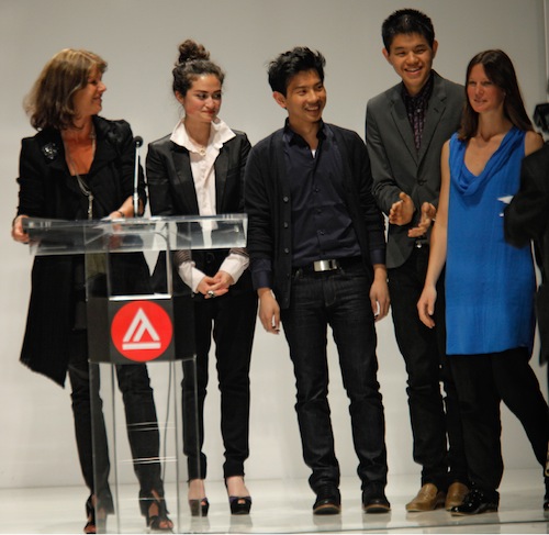 AAU_Backstage, Intern Selection Portfolio Review, 601 Brannan an Special guest Laure du Pavillon (left) with 2011 French Exchange recipients (from left) Drew Williams, Peter Nguyen, Peter Yang and Lisa Relth at May's Spring Fashion Show. (Photo credit: Randy Brooke)