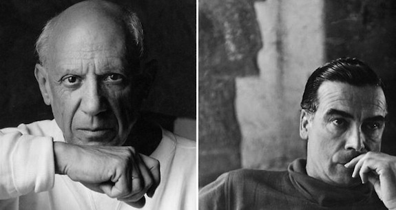 balenciagapicasso Left: Portrait of artist Pablo Picasso June 2, 1954 in Vallauris, France. © Arnold Newman/Getty Images. Right: Cristóbal Balenciaga (circa 1952). © Bettmann/CORBIS.