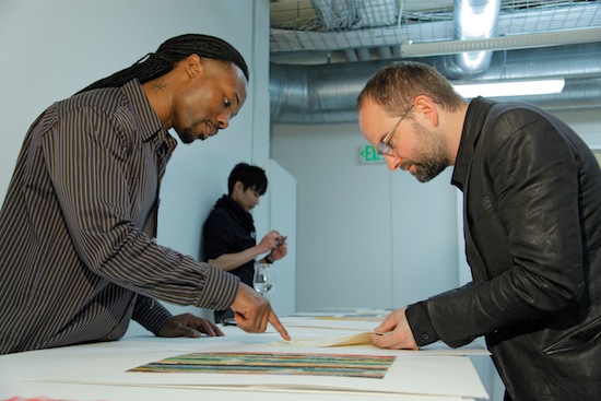 AAU_Backstage, Intern Selection Portfolio Review, 601 Brannan and Prospect dinner_May 5, 2011 SF William West (left) talks to Andrew Buckler at the Spring Portfolio Review. (Photo credit: Randy Brooke)