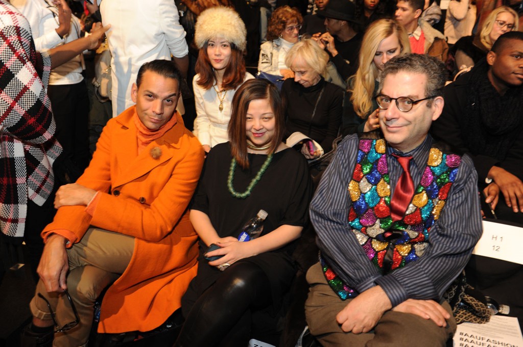 James Aguiar, National fashion director of Modern Luxury, a fashion show guest, and journalist Michael Musto. Image: David Dooley