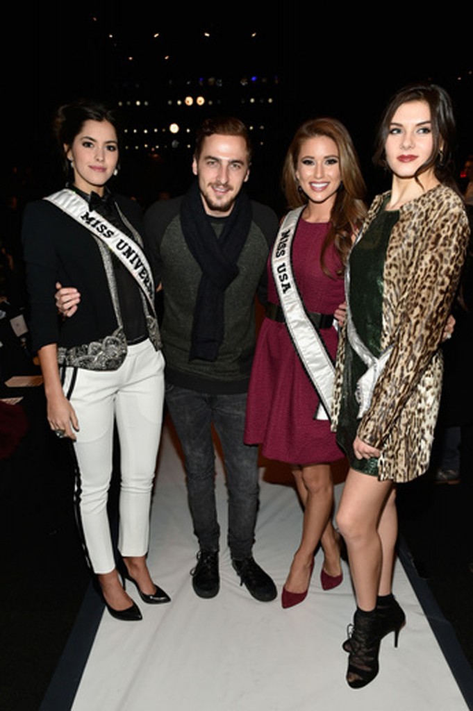 Miss Universe 2014 Paulina Vega, Kendall Schmidt, lead singer of Big Time Rush, Miss USA 2014 Nia Sanchez, and Miss Teen USA 2014 K. Lee Graham. Image: Getty Images
