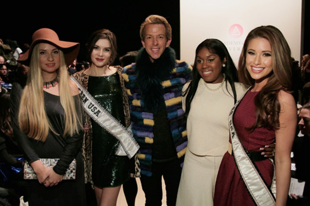 Fashion show guest, Miss Teen USA 2014 K. Lee Graham, stylist Derek Warburton, singer Tarralyn Ramsey, and Miss USA 2014 Nia Sanchez. Image: Getty Images